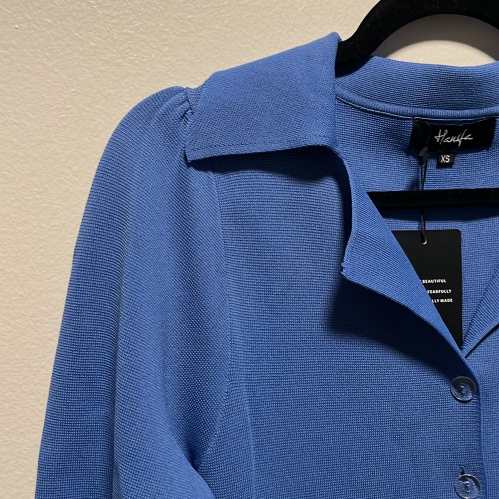HANIFA (NWT) Cheri II Blue Long Sleeve Button Front Sheath Dress, Size XS - Picture 12 of 16